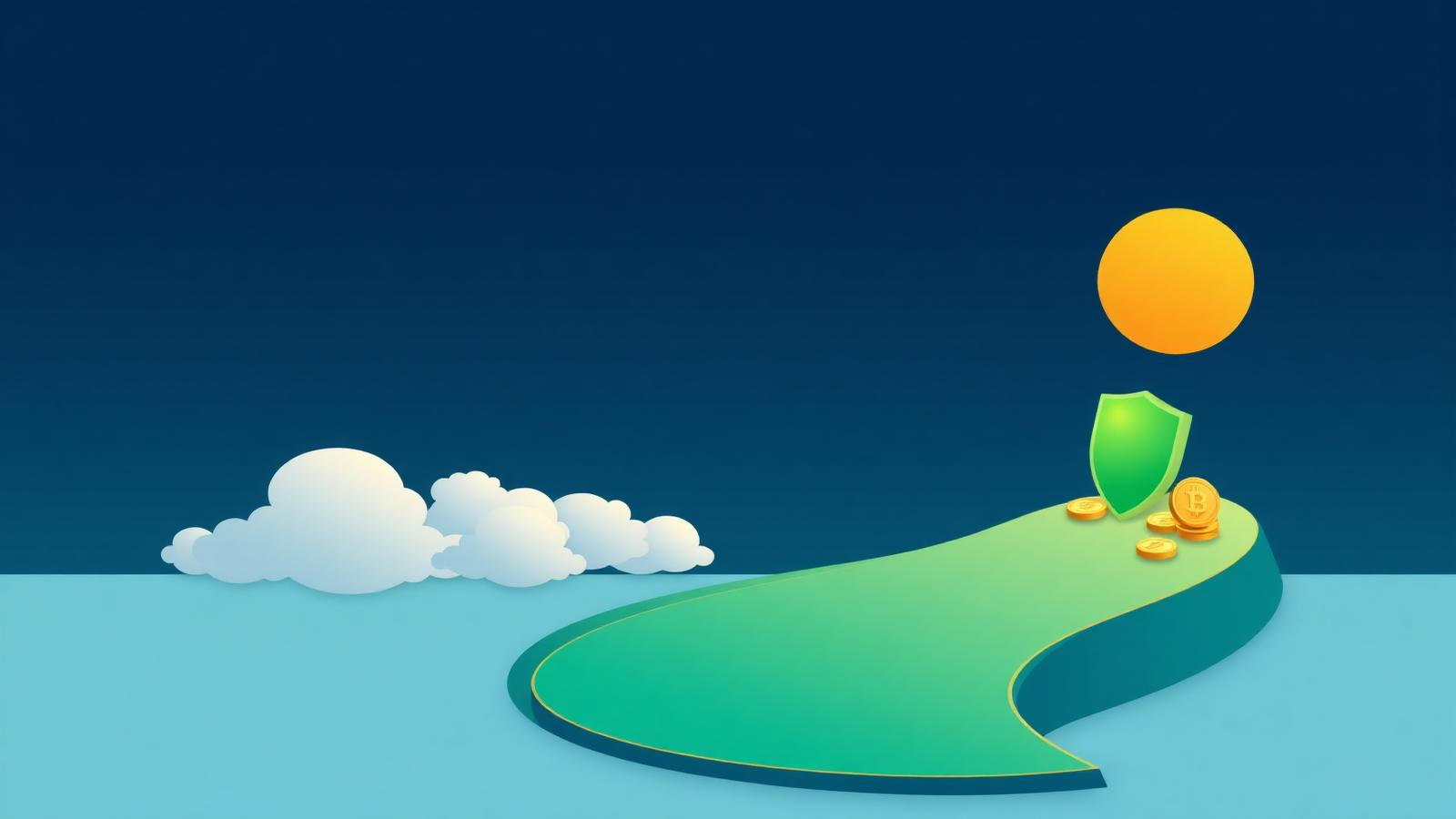 Illustration of a path rising from storm clouds toward a sunrise, with a protective shield and coins along the way